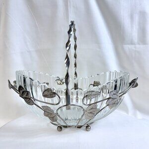 Vintage Clear Glass Basket Bowl w/ Silver Plated Metal Handle & Leaf Design 9.5